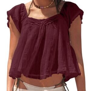 Free people sky top maroon boho beachy cotton lightweight flutter sleeve hippie